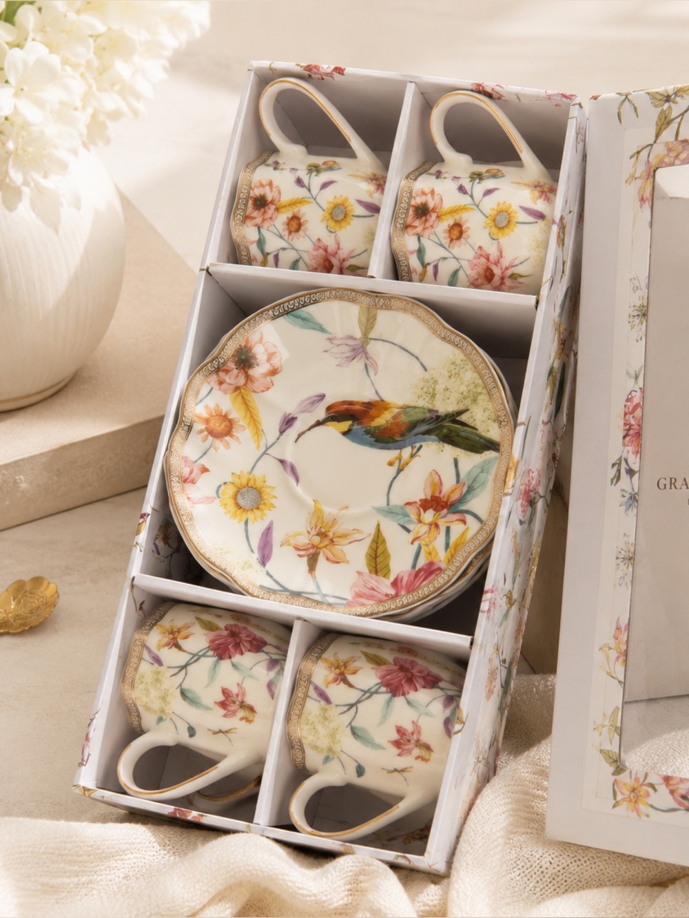 Grace Teaware Floral Bird Fine Porcelain Espresso Cup and Saucer 8 Pc Set NWT